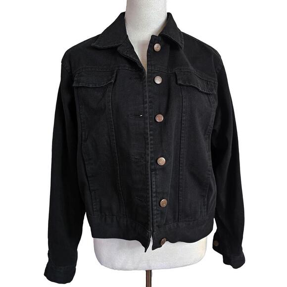 Bill Blass Jeans Black Denim Distressed Jacket Women's Medium Flawed - Picture 1 of 8
